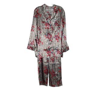 Valerie Stevens Satin Pajama Set M Floral Snake Print Long Sleeve Gray Red